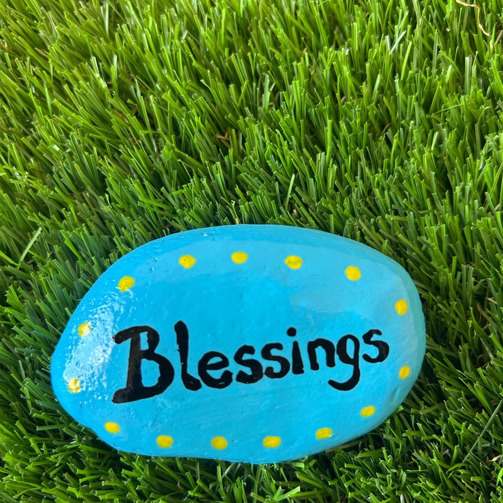 Blue Painted Rock with Blessings Design